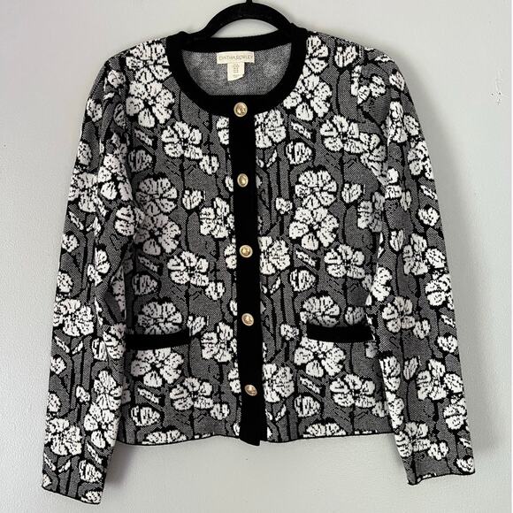 Cynthia Rowley Gray and White Floral Sweater Cardigan Size M Office Career Chic - Picture 1 of 8